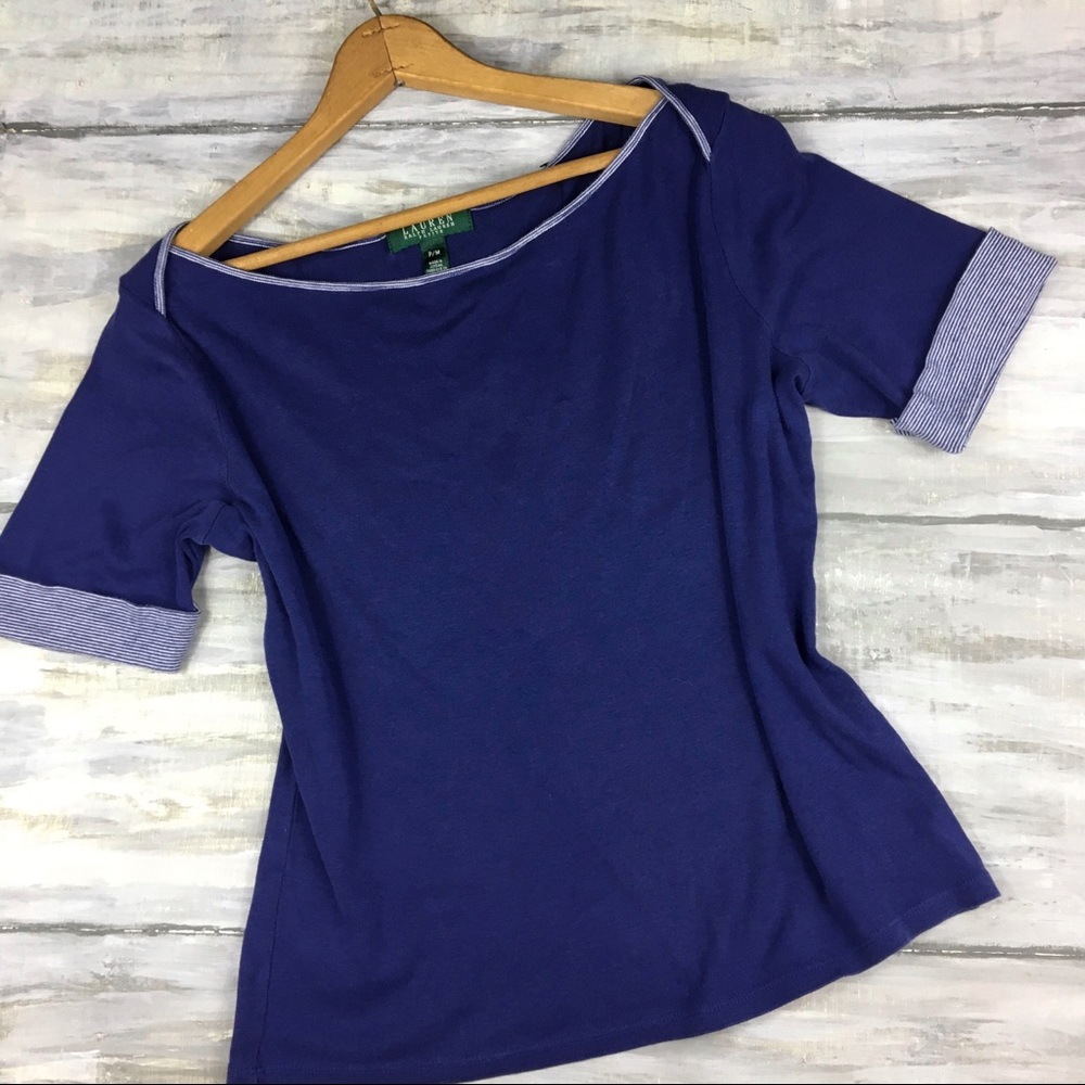 Lauren Ralph Lauren Petite Top Boatneck Stripe Detail Half Sleeve Blouse
